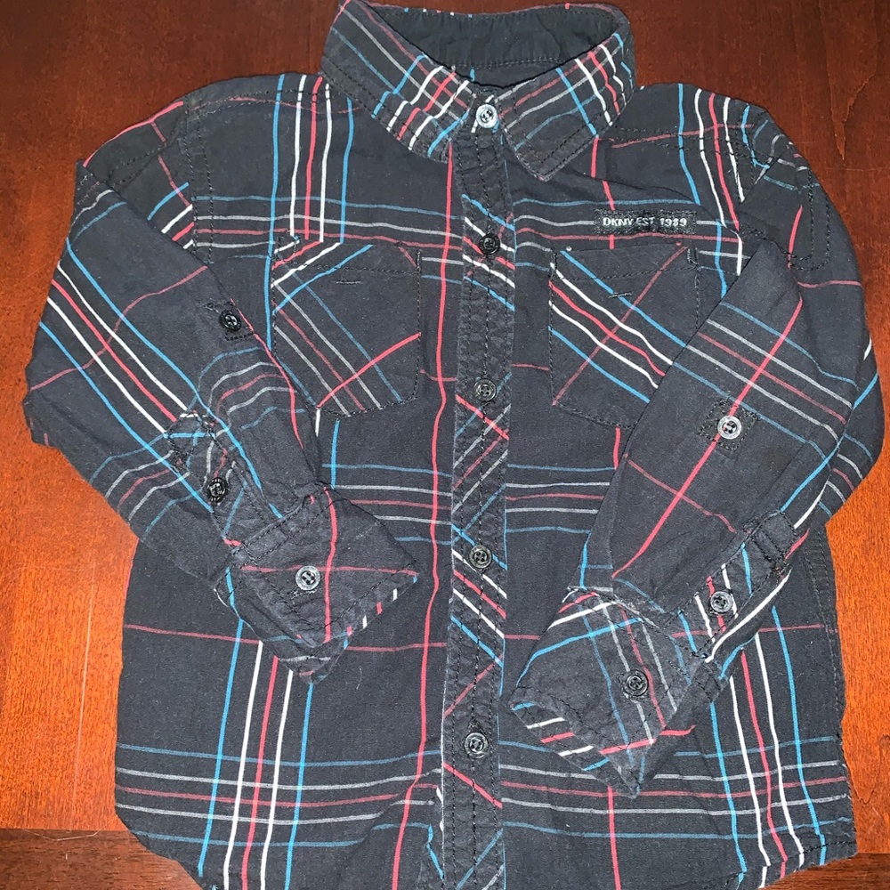 DKNY black w pattern long sleeve button up shirt sz 3T EUC